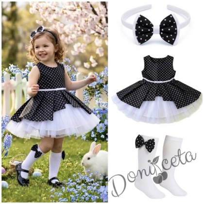 Комплект от 3 части- детска памучна рокля Надежда в черно на бели точки с тюл в бяло, диадема за коса на точки и чорапки в бяло с панделки