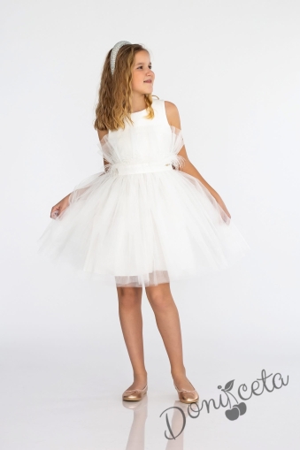 Официална бебешка рокля без ръкав с тюл, перца и панделка Анелия