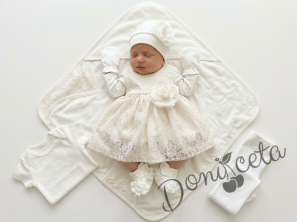 Комплект за изписване от 7 части за момиче в бяло с дантела и цвете