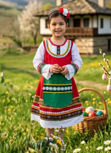 Комплект от дамска или детска народна носия 69-сукман в червено и престилка в зелено с фолклорни етно мотиви с диадема