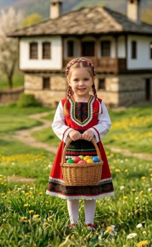 Дамска или детска народна носия сукман 97 в червено с престилка с фолклорни/етно мотиви на цветчета