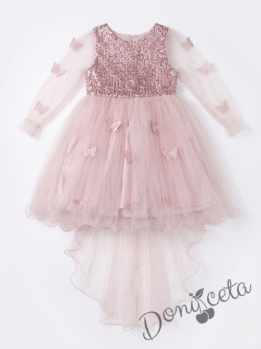 Официална детска рокля с дълъг ръкав с пайети,шлейф и пеперуди в розово