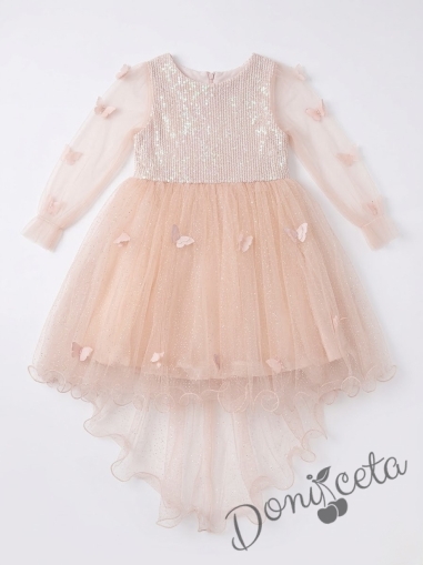 Официална детска рокля с дълъг ръкав с пайети,шлейф и пеперуди в прасковено