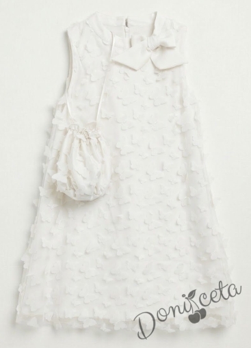 Елегантна детска рокля с пеперуди , панделка в бяло и чантичка