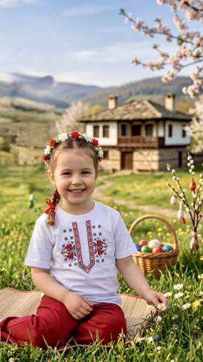 Детска тениска с къс ръкав с фолклорни/етно мотиви за момиче