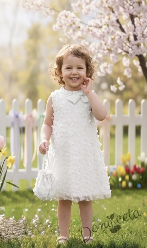 Елегантна детска рокля с пеперуди , панделка в бяло и чантичка