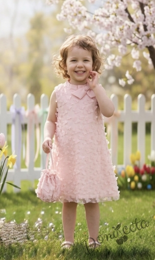 Елегантна детска рокля с пеперуди , панделка в розово и чантичка