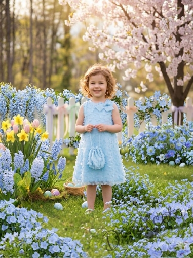 Елегантна детска рокля с пеперуди , панделка в светлосиньо и чантичка