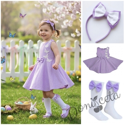 Комплект от 3 части-детска рокля клош в лилаво Вилина с бели 3D пеперудки, диадема и чорапки 