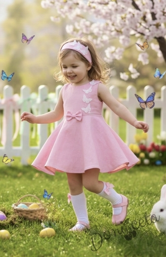 Официална или ежедневна детска рокля клош в розово Вилина с бели 3D пеперудки