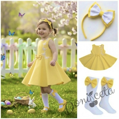 Комплект от 3 части-детска рокля клош в цвят жълто Вилина с бели 3D пеперудки, диадема и чорапки 