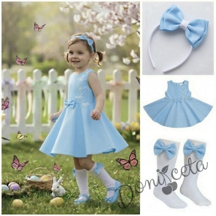 Комплект от 3 части-детска рокля клош в цвят светлосиньо Вилина с бели 3D пеперудки, диадема и чорапки 