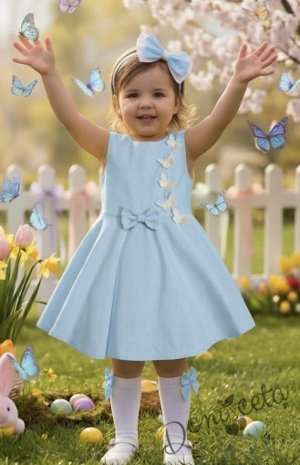 Официална или ежедневна детска рокля клош в светлосиньо Вилина с бели 3D пеперудки