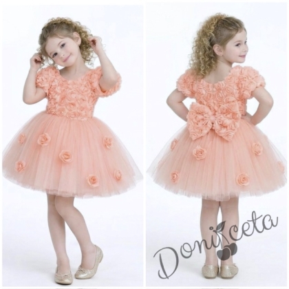 Официална детска рокля Розана с къс ръкав с 3D рози и богат тюл в  прасковено