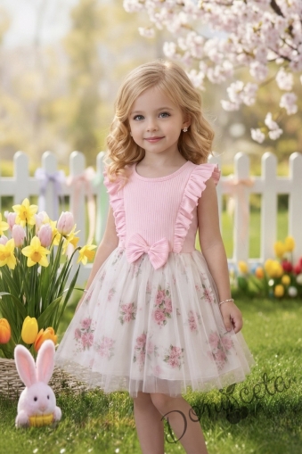 Ежедневна детска рокля с дълъг ръкав в розово с къдрички и тюл в долната част