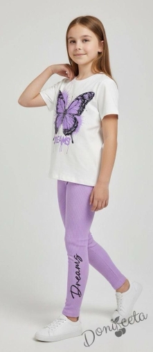 Комплект за момиче от блузка с къс ръкав в бяло с пеперуда в лилаво и клин 