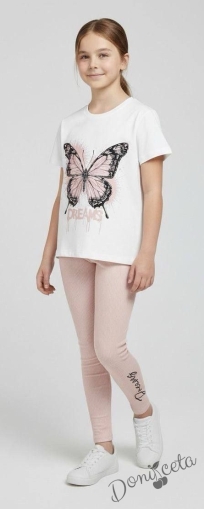 Комплект за момиче от блузка с къс ръкав в бяло с пеперуда в прасковено и клин 