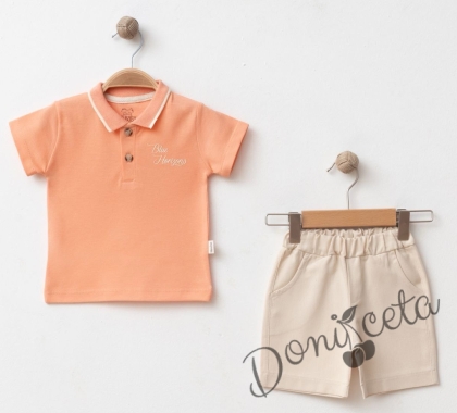 Комплект за бебе момче от 2 части - тениска и къси панталони в оранжев цвят