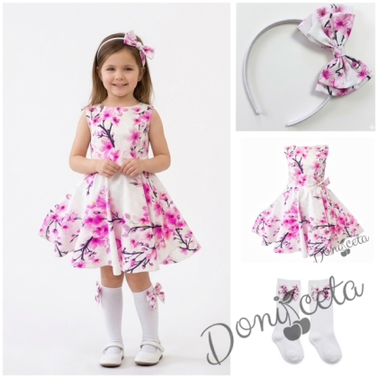 Комплект от 3 части-детска рокля с орхидеи клош тип в розово Вилина, диадема и чорапки