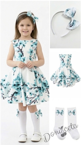 Комплект от 3 части-детска рокля с орхидеи в тюркоаз Вилина, диадема и чорапки