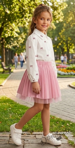 Комплект за момиче от риза в бяло с розови панделки и плисирана пола в розово Габи