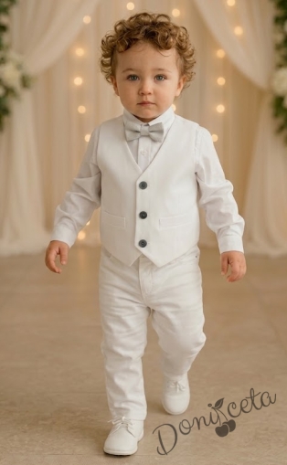 Бебешки комплект от боди-риза в бяло, панталон, елек и папийонка от колекция Снежина
