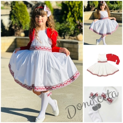 Комплект от детска народна носия-рокля без ръкав с фолклорни и етно мотиви с болеро, чорапки и дадема