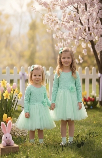 Детска официална рокля с дълъг ръкав в тюркоаз /мента с дантела и тюл Крис