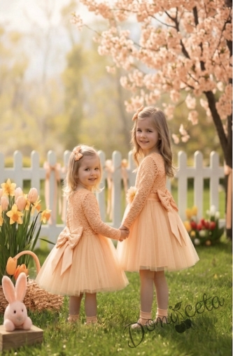 Детска официална рокля с дълъг ръкав в нежно прасковено с дантела и тюл Крис