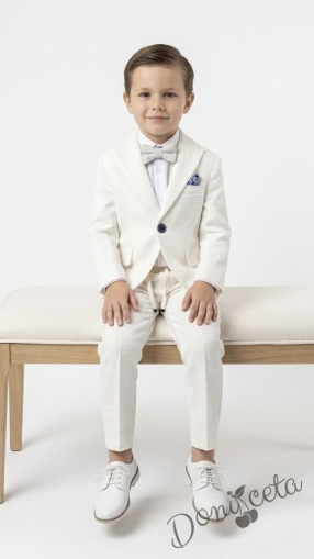 Спортно-елегантен комплект Тери  за момче от 4 части в екрю - риза в бяло, сако с джобове, панталон с връзки и папийонка