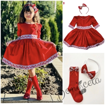 Комплект от детска рокля в червено с фолклорни етно мотиви с ръкав до лакътя, диадема и чорапки в червено