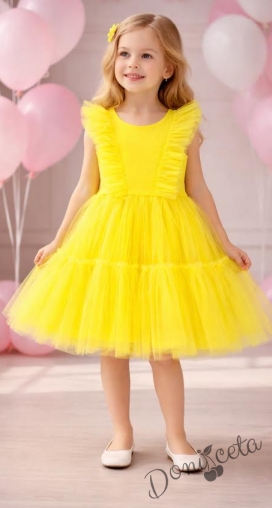 Официална или ежедневна детска рокля в жълто с ефирен тюлен завършек