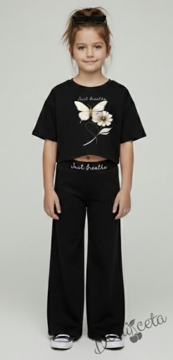 Комплект за момиче от блузка с къс ръкав в черно с пеперуда и панталон с широки крачоли