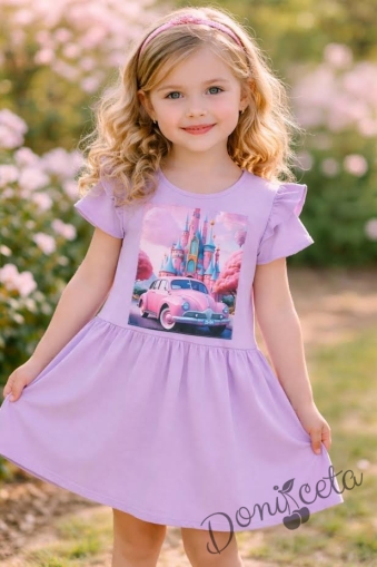 Детска ежедневна рокля с къс ръкав в лилаво с щампа и къдрички на рамената