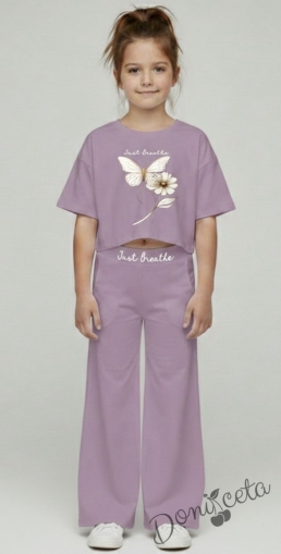 Комплект за момиче от блузка с къс ръкав в лилаво с пеперуда и панталон с широки крачоли