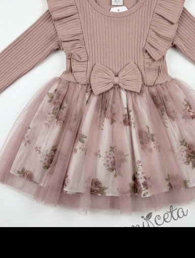 Детска ежедневна рокля с дълъг ръкав в пепел от рози с къдрички и тюл в долната част
