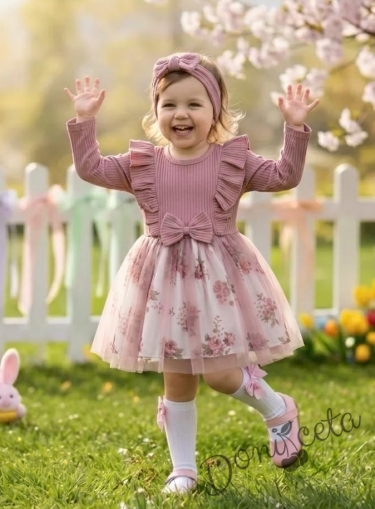 Детска ежедневна рокля с дълъг ръкав в пепел от рози с къдрички и тюл в долната част