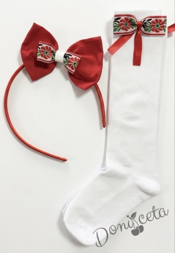 Комплект от ръчно изработена диадема и чорапи с фолклкорни и етно мотиви в бяло и червено