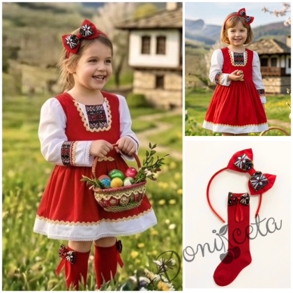 Комплект от детска етно рокля тип носия в червено с шевица с фолклорни мотиви , чорапки и диадема 