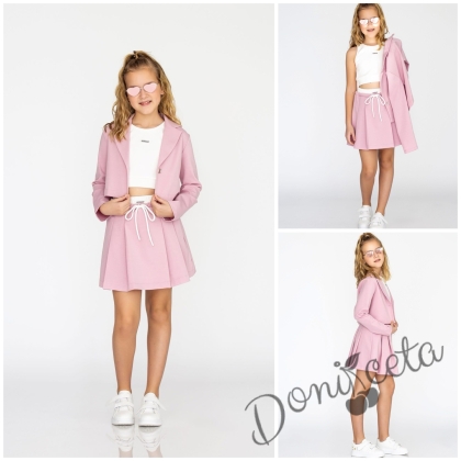 Комплект за момиче от 3 части-пола , бюстие и късо сако с дълъг ръкав в розово