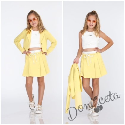 Комплект за момиче от 3 части-пола , бюстие и късо сако с дълъг ръкав в жълто