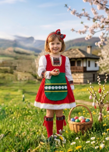 Детска рокля с дълъг ръкав в червено с фолклорни/етно мотиви тип народна носия с престилка в зелено