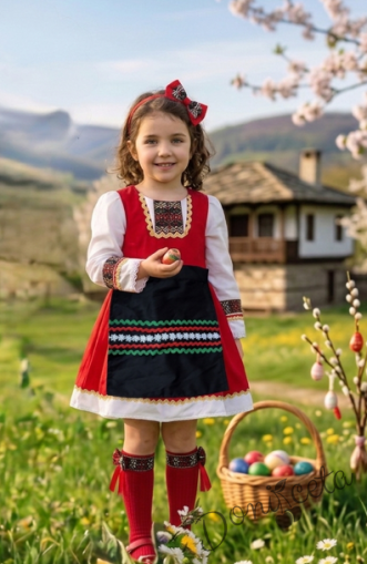 Детска рокля с дълъг ръкав в червено с фолклорни и етно мотиви тип народна носия с престилка в черно