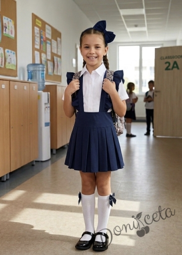 Комплект от детски сукман за момиче с къдрички в тъмносиньо Калина и ризка в бяло