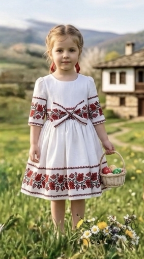 Детска етно рокля Боряна в бяло тип носия с ръкав до лакътя с коланче с панделка в бяло с шевица и фолклорни мотиви 