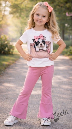 Комплект за момиче от  бяла тениска с куче и разкроен панталон в розов цвят
