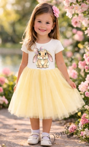 Бебешка или детска рокля в жълто с зайче