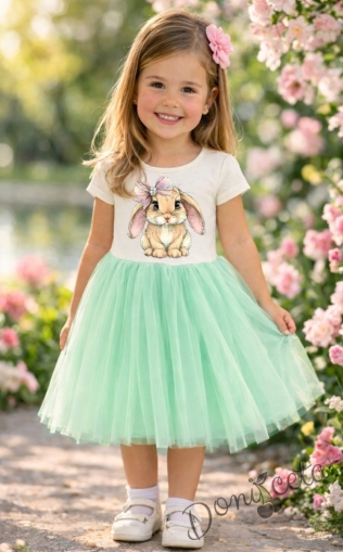 Бебешка или детска рокля в мента с зайче