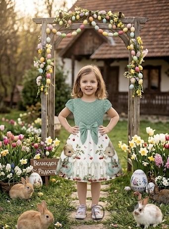 Детска ежедневна рокля с къс ръкав в тюркоаз и бяло с зайчета