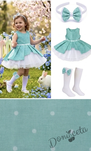 Комплект от 3 части- детска памучна рокля Надежда в тюркоаз на точки с тюл, диадема за коса в синьо и чорапки в бяло с панделки